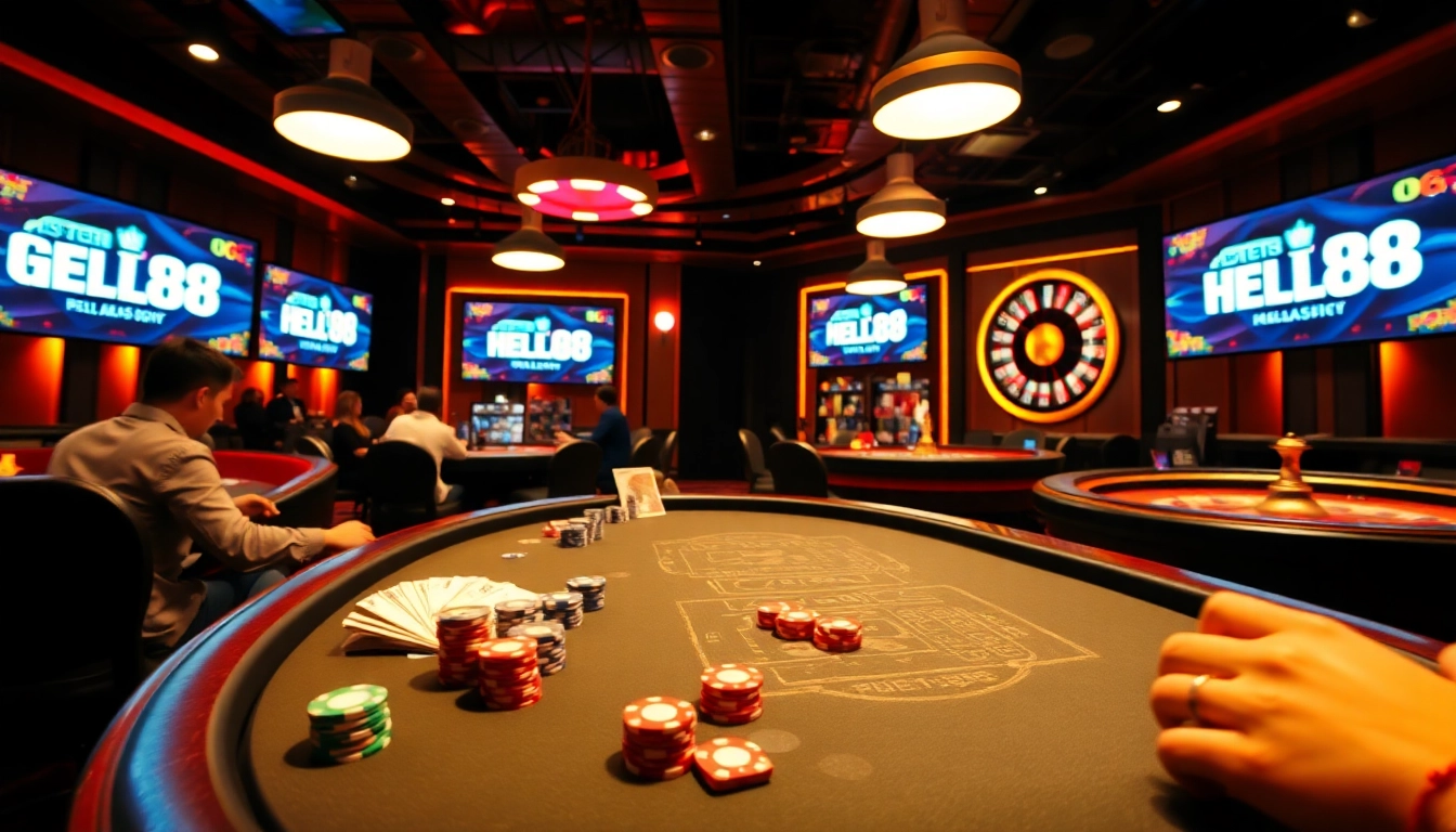 Players enjoying a lively poker game at HELLO88's casino, vibrant chips and cards in focus.