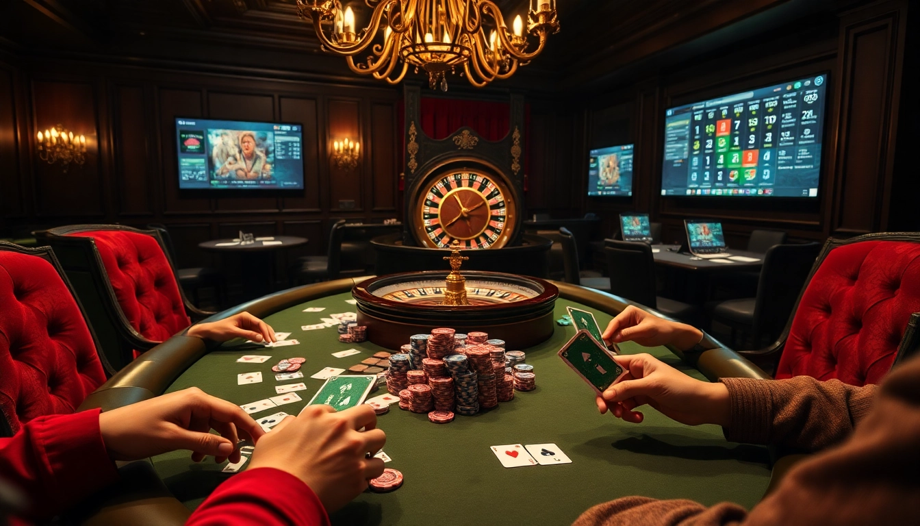 Experience the thrill of 288T poker at an upscale casino table filled with colorful chips and intense players.