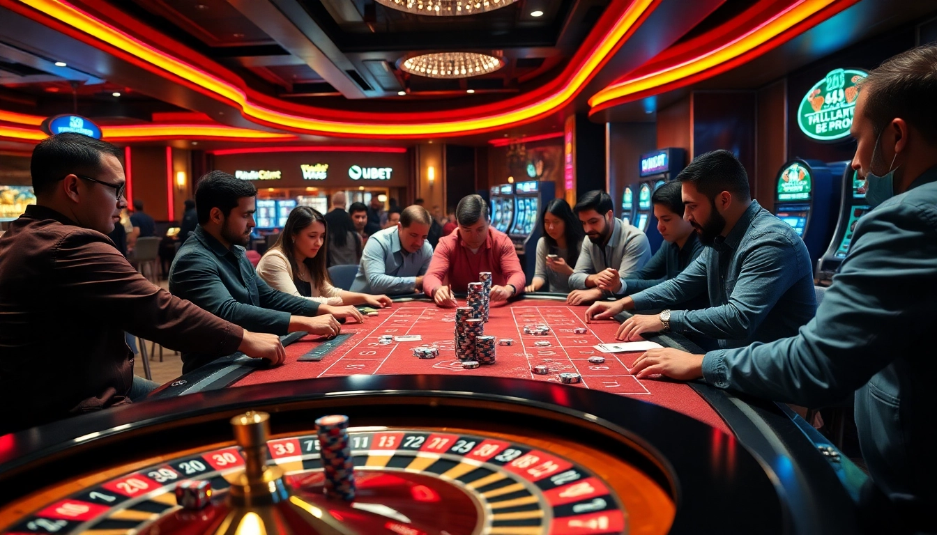 HUBET gaming table filled with players, vibrant casino atmosphere full of excitement and thrill.