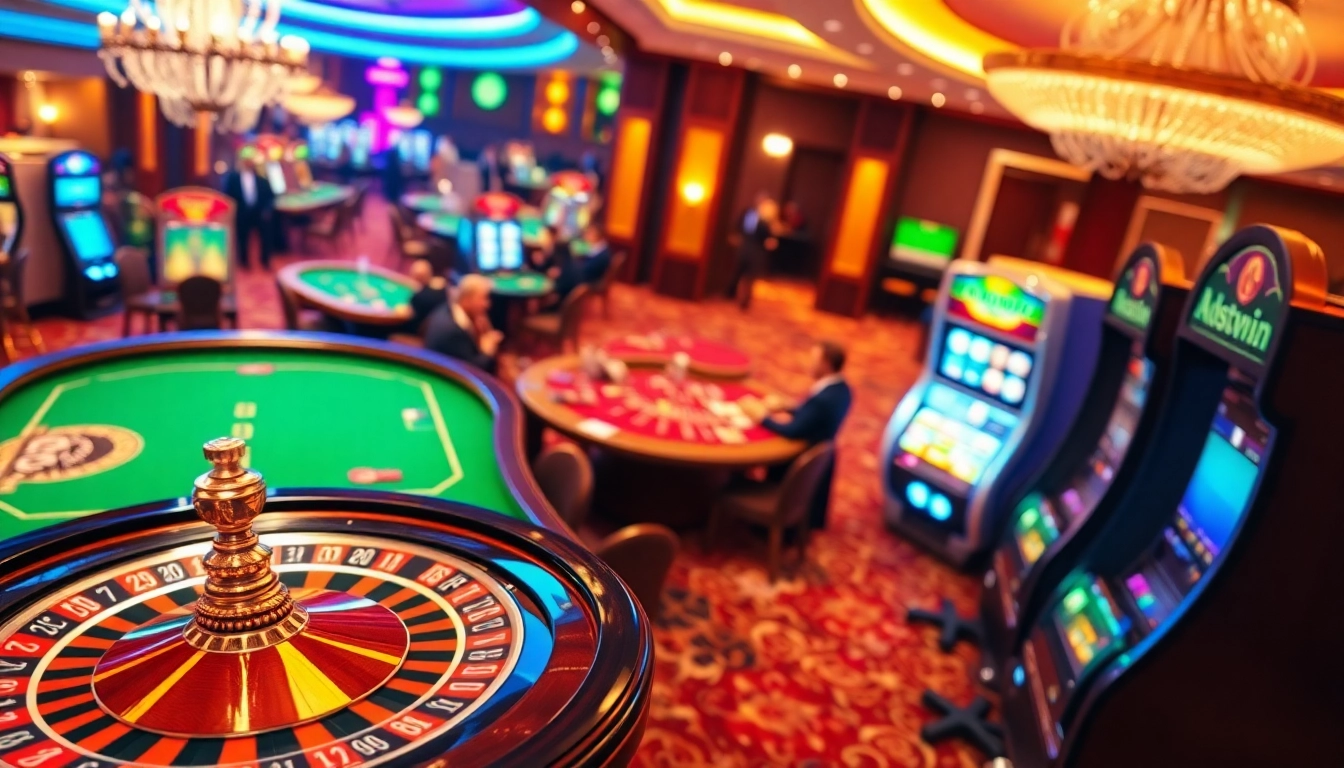 Players enjoying the thrill of gambling at 23win casino tables, highlighting slot machines, cards, and chips.